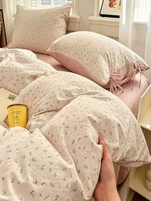 3pcs 100% Polyester 2026 Spring Floral Series AB Color Blocking Design Fresh Girly Comforter Set, Includes 2 Bowknot Pillowcases + 1 Comforter Cover (Bed Sheet & Comforter Filler Not Included), Suitable For All Seasons - Multicolor - View 8