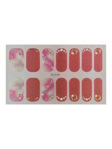 1 Sheet Full-Coverage Nail Stickers In A Sweet-And-Edgy Style-A Summer Must-Have. These Stickers Feature A Solid Coral-Orange Design Along With Purple And Apricot Color Gradients, Accented With Various Rhinestones. They're Easy To Apply And Remove. - Coral Orange - View 7