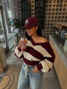 Women's Autumn/Winter New Fashion Loose Contrast Color Striped Cable Knit V-Neck Chunky Sweater Top - Burgundy - View 1
