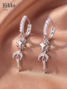 Hihho 1 Pair 2026 New Geometric Star Studded Tassel Earrings Set, Zirconia Inlaid, Elegant And Luxurious, Copper Gold Tone, Suitable For Parties, Dates, Celebrations, Can Be Paired With Daily Outfits, Perfect Gift For Friends, Lovers, Valentine's Day And New Year - Spikes - View 2