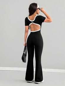 VENORA PETITE Women's Colorblock Trim Square Neck Short Sleeve Jumpsuit, Hollow Out Open Back Slim Fit Flared Long Pants, Y2K Hot Girl Style - Black - View 7