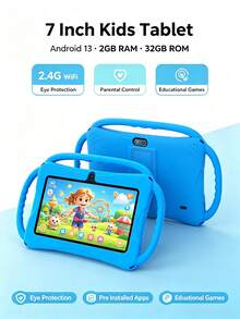 Qetupa 3台7英寸儿童平板电脑，64GB ROM，4GB RAM，Android 13.0，2.4G WiFi，GMS，护眼功能，摄像头，家长控制，预装应用，教育游戏，可充电电池，趣味设计，耐用塑料外壳（不含适配器） - 藍色 - 查看 2