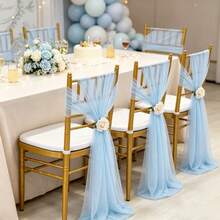 10pcs Elegant Light Blue Tulle Chair Back Bow Set, Corridor Wedding Chair Back Decor, Holiday Church Banquet Ceremony Reception Chair Tulle Set, Photography Props, Birthday Party Home Decor - Baby Blue - View 10