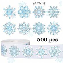 500pcs Light Blue Asymmetrical Snowflake Doodle Roll Stickers, 1 Inch, 8 Random Patterns, Fresh Winter Illustration Style, Perfect For Christmas Gift Sealing, Apple Gift Box Decoration, Holiday Package Wrapping, Christmas Baking Packaging, Party Favor Accents, Christmas Scrapbook DIY - Multicolor - View 1