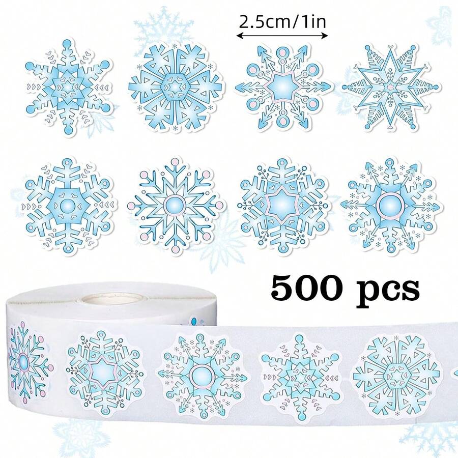 500pcs Light Blue Asymmetrical Snowflake Doodle Roll Stickers, 1 Inch, 8 Random Patterns, Fresh Winter Illustration Style, Perfect For Christmas Gift Sealing, Apple Gift Box Decoration, Holiday Package Wrapping, Christmas Baking Packaging, Party Favor Accents, Christmas Scrapbook DIY - Multicolor - View 1