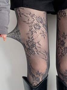 1 Pair Retro‑Patterned Stockings, Sheer Floral Lace Jacquard Tights, Stretchy Run‑Resistant, Multiple Colors, Ideal Gift For Best Friend - Multicolor - View 4