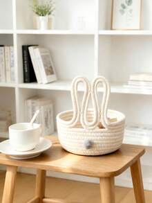 1pc 3D Rabbit Ear Storage Basket, Cream Style Desktop Organizer With Decorative Pom Poms, Suitable For Storing Small Accessories, Snacks And Sundries, Applicable For Bedroom, Living Room, Entryway And Bathroom - Multicolor - View 6