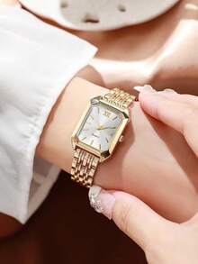 Women's Vintage Square Dial Quartz Watch & Rhinestone Bracelet 2pcs Set, Elegant Metal Band Wristwatch Jewelry Set, Multiple Colors Available - Gold - View 2