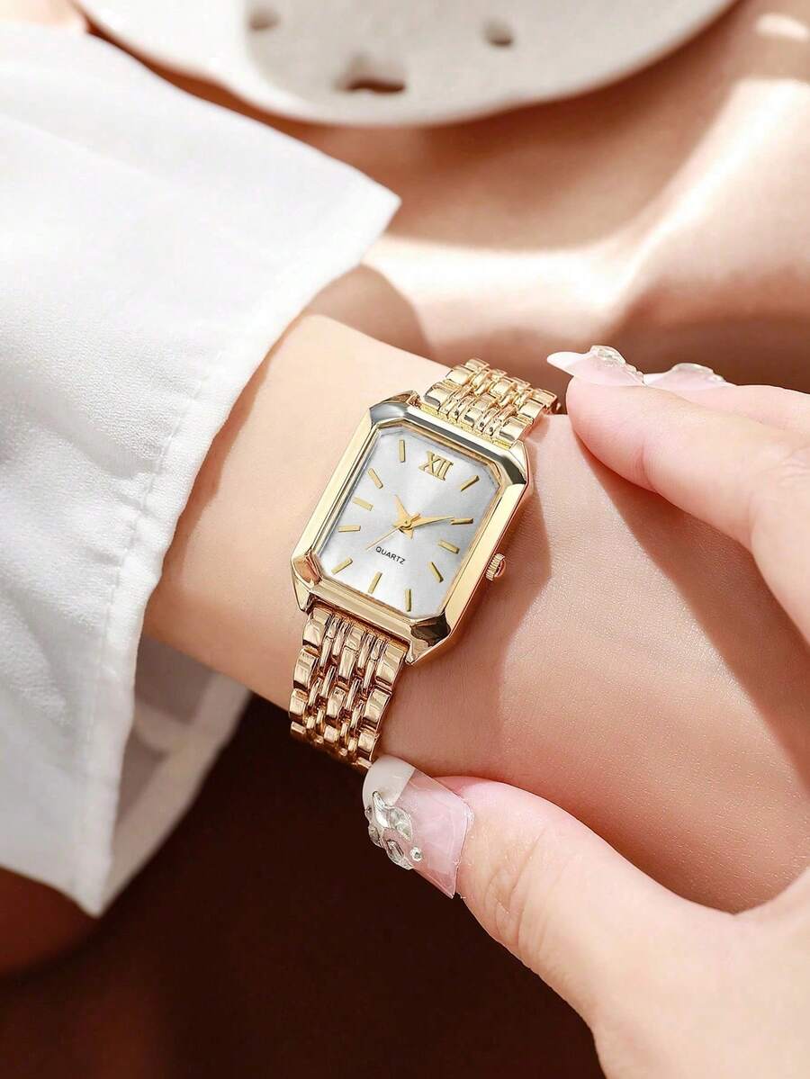 Women's Vintage Square Dial Quartz Watch & Rhinestone Bracelet 2pcs Set, Elegant Metal Band Wristwatch Jewelry Set, Multiple Colors Available