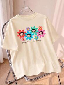 Whysmera SHEIN X Betty Boop Summer Women's Short Sleeve Colorful Lettering & Floral Contrast Graphic T-Shirt, Retro Cartoon Collaboration Design - Apricot - View 1