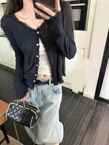 Spring/Autumn New Lace Patchwork Ruffle Soft Knit Cardigan Lightweight Sun Protection Jacket Top For Women - Navy Blue - View 2
