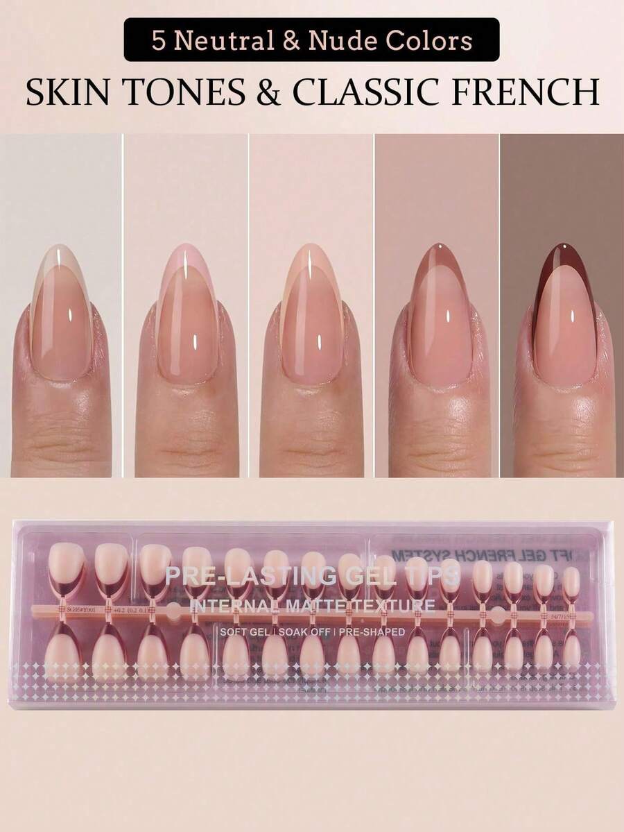 60pcs French Almond Gel Nails - Nude Classic French Pointed Press-On Nails, Medium-Long Almond Shape, Soft Gel Fake Nails, Soakable Acrylic Nail Extensions (Random Style) - Multicolor - View 1
