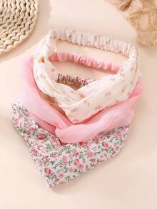 NAIZHU 3pcs Fashion Sweet Floral Elastic Cross Headband Set For Girls, Suitable For Daily, Party And Vacation Wear - Pink - View 1