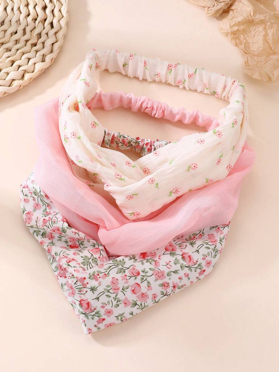 NAIZHU 3pcs Fashion Sweet Floral Elastic Cross Headband Set For Girls, Suitable For Daily, Party And Vacation Wear - Pink - View 1