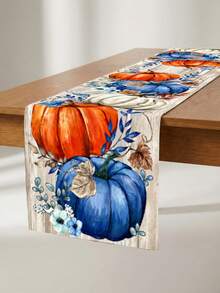 1pc Autumn Pumpkin Table Runner, Blue Orange White Pumpkin Floral Wood Grain Background, Suitable For Indoor/Outdoor Party, Kitchen Home Dining Table Center Decor, Living Room Rectangular Dining Table, Restaurant - Blue and White - View 3