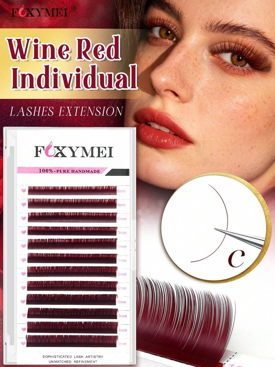 FOXYMEI 12 Rows Colorful Ultra Matte Burgundy Single Lash Extensions, C/D/LC/LD/LU Curl, Soft & Lightweight, 8-15mm, Holiday Style Hand-Woven Faux Mink Dense Single Lash Extensions For Beginners, Halloween
