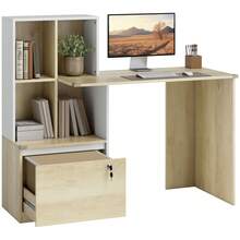 Computerbureau met boekenkast met 4 vakken en afsluitbare lade, 126 x 50 x 109 cm, eikenhout en wit - A - Bekijken 2