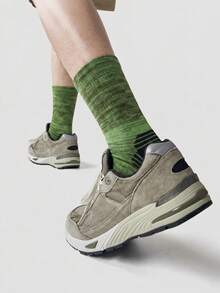 1/5/10 Pairs Men's Mid-Calf Socks, Fun Green Striped Cartoon Unisex Sports Style Long Socks, Crazy Happy Socks - Multicolor - View 2