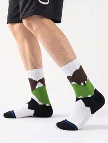 1/5/10 Pairs Men's Mid-Calf Socks, Fun Green Striped Cartoon Unisex Sports Style Long Socks, Crazy Happy Socks - Multicolor - View 19
