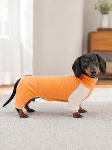 1PC Classic Colorblock Dachshund Dog Pajamas With Adjustable Neck And Back Drawstring, Soft High Stretch Warm Sausage Dog Jumpsuit ,Anti-Shedding Sleepwear For Dackel Teckel Dogs Wiener Dogs - Orange - View 10