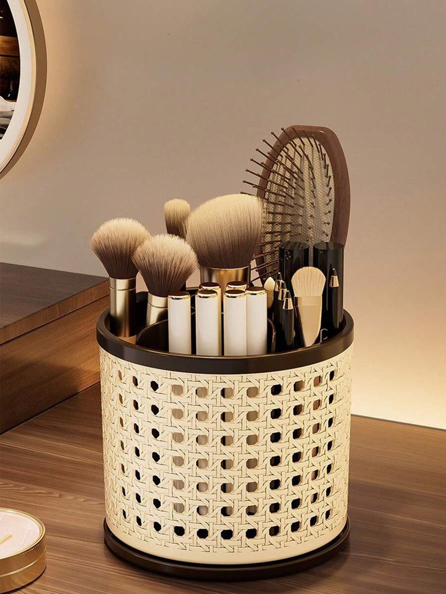 2pcs/1pc Retro Rattan‑Look Rotating Pen Holder, Multi‑Slot Makeup Brush Storage Organizer, Large‑Capacity Desktop Container, Vanity Cosmetic Brush Holder, Hollow Stylish Desk Organizer For Office & Student Stationery - Multicolor - View 1