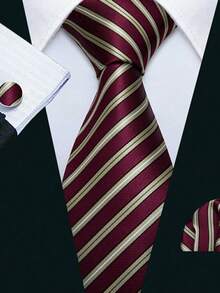 Dasi Pria Bergaris Merah Anggur, Sapu Tangan, Manset untuk Pernikahan, Prom, Makan Malam Bisnis - Burgundy - View 4