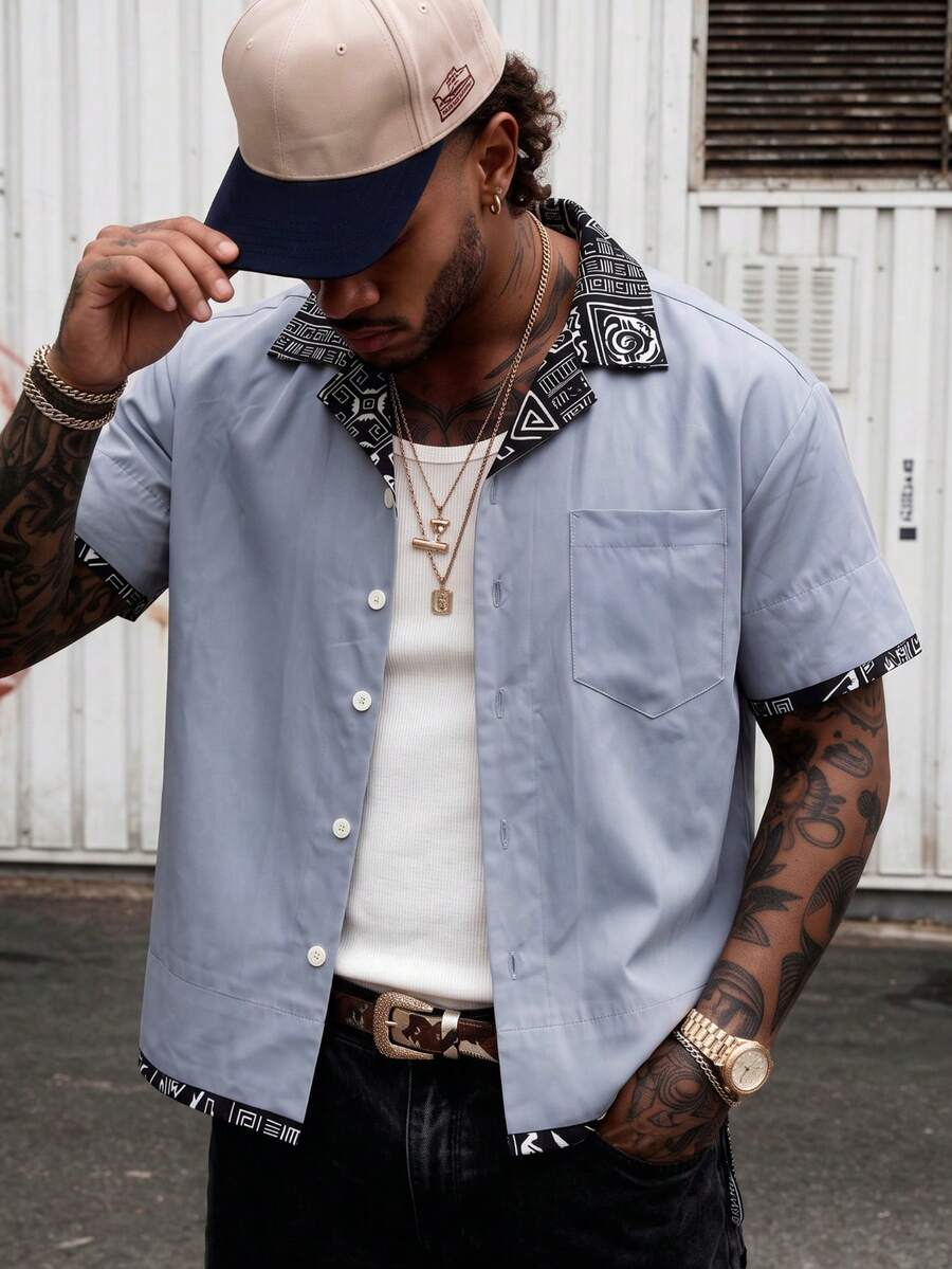 Niche Design Contrast Color Cuban Collar Shirt, Men's Summer Geometric Print Short Sleeve Shirt - Blue - View 1