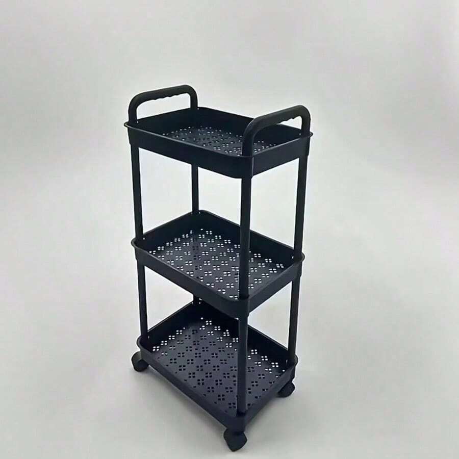 Three-Layer Pulley Mobile Storage Cart - Easy-Assembling Plastic Storage Rack For Bathrooms, Kitchens, RVs, Offices And Workshops, Featuring 3 Hanging Baskets And 3 Layers Of Shelves, Saving Space - Multicolor - View 1