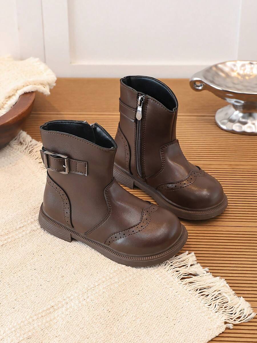 Girls' Vintage Brogue Ankle Boots, Autumn Soft Leather Buckle Side Zipper Boots, Little Girls' British Style Brown Classic Boots - Brown - View 1