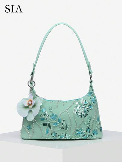 1pc Women's Vintage Vacation Mesh Embroidered Floral Beaded Shoulder Bag, Suitable For Outing, Dating, Commuting, Shopping