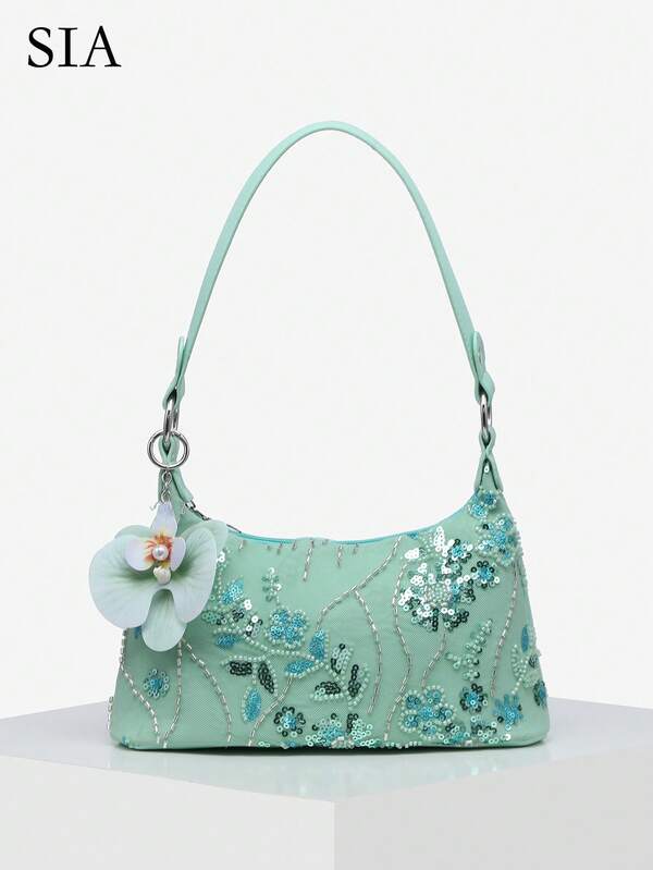 1 pieza Bolso de hombro vintage para mujer con malla bordada con flores y cuentas, adecuado para salidas, citas, desplazamientos y compras