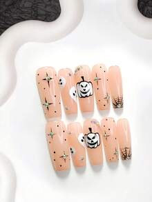 10 piezas de uñas postizas con tema de Halloween, estilo lindo hecho a mano, set de arte de uñas de polygel, uñas con calabaza, fantasma, negro & blanco con strass, estilo dulce & cool, incluye herramientas para uñas, 3 tamaños disponibles, forma almendra/pato/ataúd, adecuado para fiesta, baile, uso diario - Multicolor - Ver 4