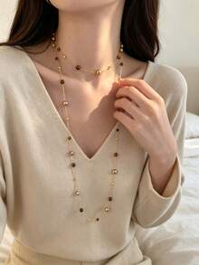 1PC Layered Beaded Chain Long Necklace, Vintage Y‑Shape Wrap Necklace, Dainty Statement Neck Jewelry For Women Daily Party Occasions - Gold - View 7