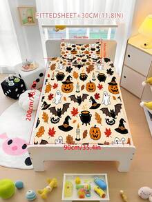 2/3PCS Halloween Cartoon Fitted Sheet Set Pumpkin Bat Print Fitted Sheet Set Soft Breathable Bedding For All Seasons Twin/Full/Queen 100% Polyester Machine Washable - Multicolor - View 10