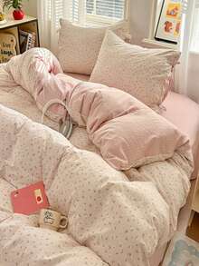 3pcs 100% Polyester 2026 Spring Floral Series AB Color Blocking Design Fresh Girly Comforter Set, Includes 2 Bowknot Pillowcases + 1 Comforter Cover (Bed Sheet & Comforter Filler Not Included), Suitable For All Seasons - Multicolor - View 4