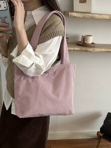 Corduroy Solid Color Shoulder Tote Bag - Pink - View 7