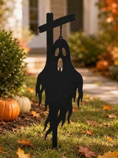 1 pieza Espantapájaros de metal negro aterrador para Halloween, estaca de suelo para decoración exterior