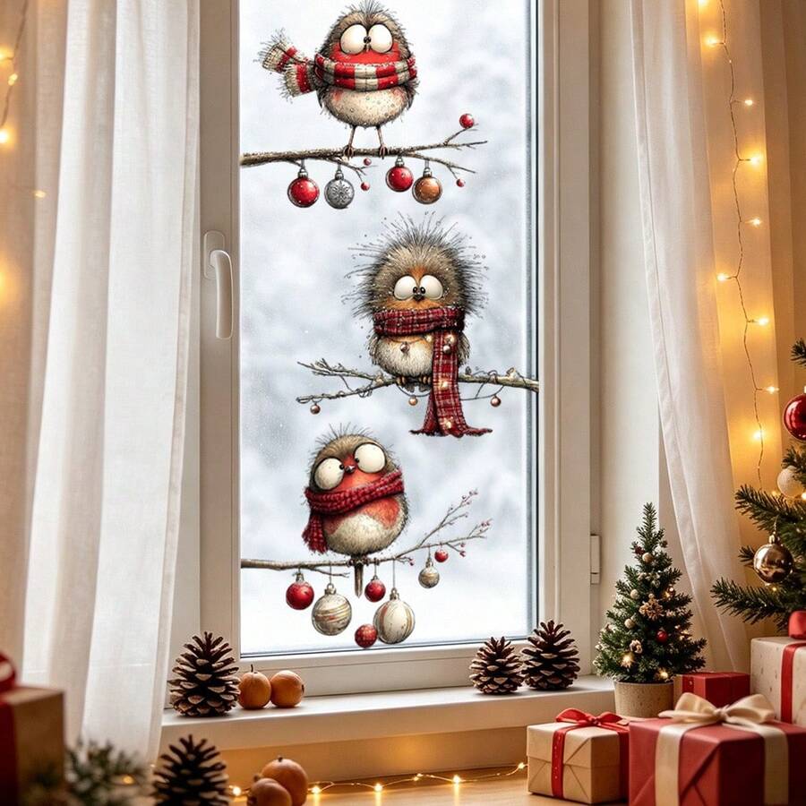 1/3 Stück süße Plüsch-Rotkehlchen-Fensteraufkleber für Weihnachten, doppelseitig aus PVC mit elektrostatischer Adsorption, geeignet für Zuhause, Büros, Feiertagspartys und Winterdekorationen. - Verschiedenfarbig - Übersicht 1