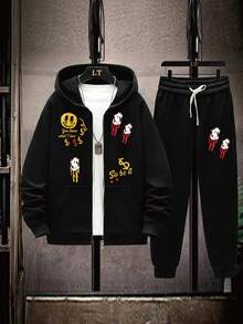 Setelan Hoodie dan Celana Olahraga Kasual Pria Ukuran Besar Musim Gugur/Dingin, Motif Wajah Tersenyum dan Tanda Dolar Bahasa Inggris Kreatif untuk Musim Dingin. - Hitam - View 1