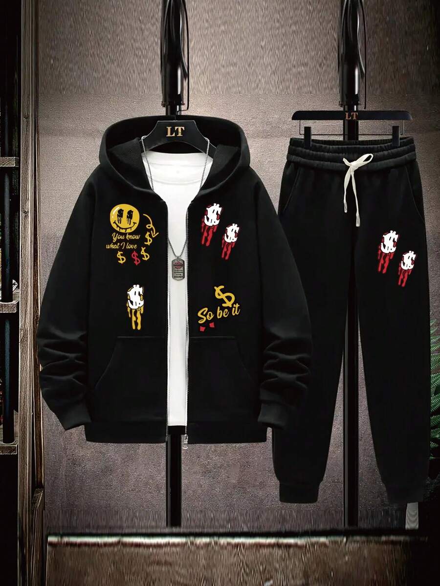 Setelan Hoodie dan Celana Olahraga Kasual Pria Ukuran Besar Musim Gugur/Dingin, Motif Wajah Tersenyum dan Tanda Dolar Bahasa Inggris Kreatif untuk Musim Dingin. - Hitam - View 1