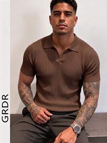 GRDR 男士夏季纯色 Polo 领短袖针织衫，适合夏季外出穿着，时尚造型必备单品 - 棕色 - 查看 5
