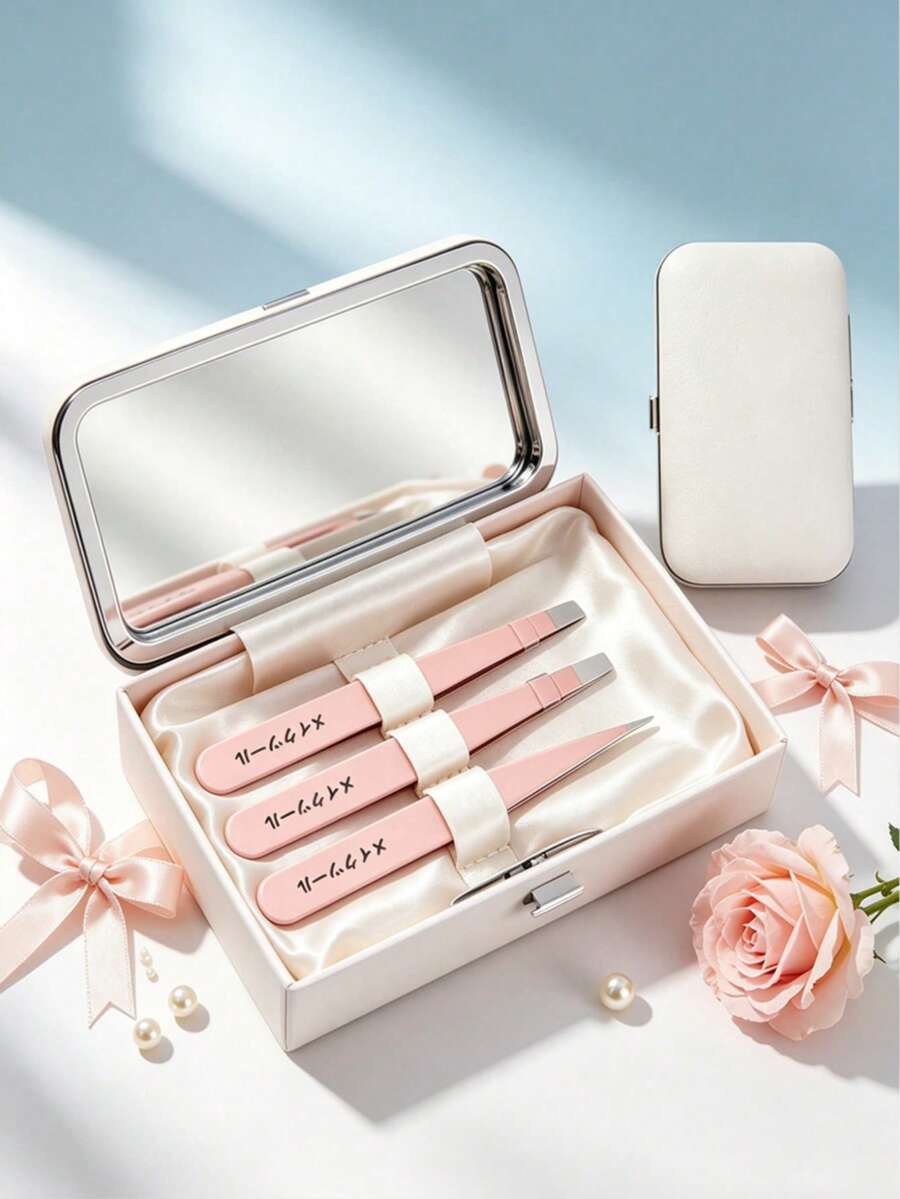 4pcs Stainless Steel Eyebrow Tweezers Set With Storage Box And Mirror, Precision Hair Removal Tweezers For Eyebrow Grooming, Facial Hair Removal, Makeup Tool