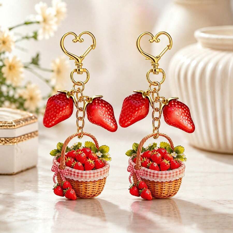 1pc/2pcs Women's Pastoral Strawberry Bow Flower Double-Sided Embossed Acrylic Pendant, Realistic 3D Strawberry Accessory Keychain, Creative Versatile Bag Charm - Multicolor - View 1