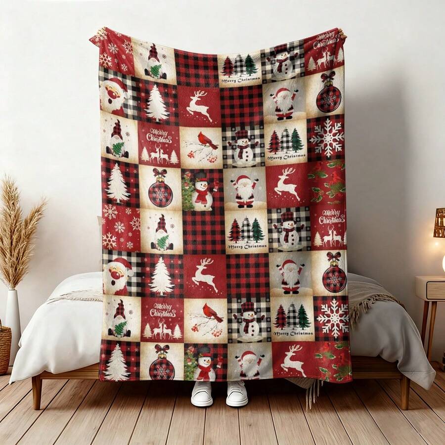 1pc Christmas Design Blanket. This Cute Flannel Blanket Is Decorated With Santa Claus, Christmas Tree, Reindeer, Snowman And Other Mixed Colors Available, Suitable For Sofa, Bed And Couch. It Is A Year-Round Home Decor Item.