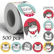 500pcs Cute Cat Doodle Roll Stickers, 1 Inch Round, 8 Patterns, Minimalist Cartoon Hand-Drawn, Perfect For Baking Gift Box Sealing, Party Favor Packaging, Scrapbooking, Kids Reward Stickers, Creative Express Packaging, Market Stall Decoration - Multicolor - View 7