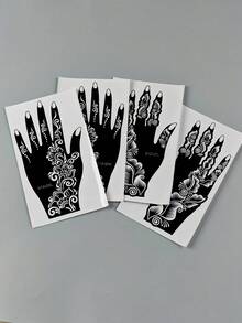 2對海娜風格花卉手部紋身模板，左右手阿拉伯旋渦紋 Mehndi 模板，DIY 身體彩繪貼紙，適用於節慶派對臨時紋身創作 - 黑色 - 查看 4