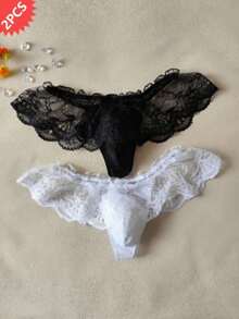 Best SellerSoft And Comfortable Breathable Underwear, Low Waist Underwear, With Fashionable Pouch Design,2pcs Men's Sexy Thong Underwear, Lace Skirt, - 2pcs Black+White - View 15
