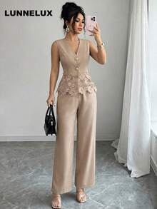 LUNNELUX Women's 2 Pieces Fall Set Top, French Elegant Vacation Back To School Casual Outfit Brown Summer - Brown - View 3