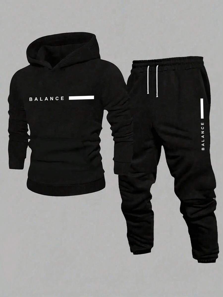 Teen Boy Cartoon Pattern Hoodie Long Sleeve Sweatshirt And Jogger Pants Set - Black - View 1