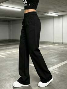 High-Waisted Pleated Wide-Leg Pants, Elegant And Suitable For Work In Autumn/Winter - Black - View 3